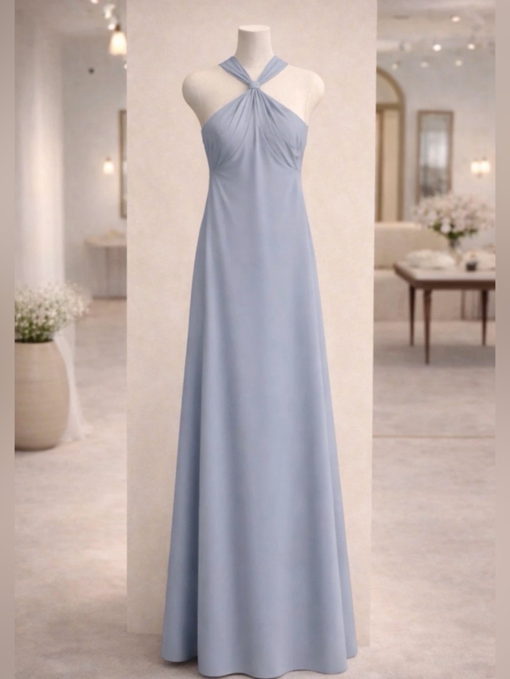 Liv Foster Light Blue Satin Halter Gown Cross Back Formal Dress 14 NWT